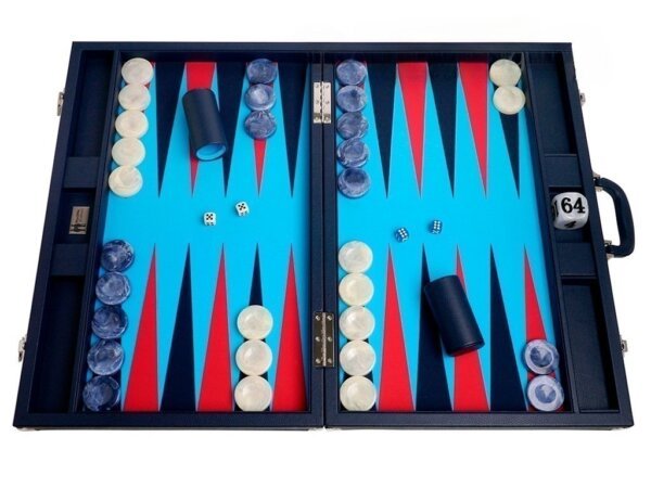 Wycliffe Brothers® 24-inch Backgammon Set with 2-inch Checkers - Blue Case with Light Blue Field - Club Class