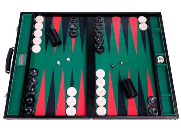 GammonVillage Tournament Backgammon Set - Club Class - Black Case with Green Field - 2-inch Checkers