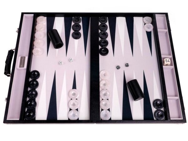 GammonVillage Tournament Backgammon Set - Club Class - Black Case with Grey Field - 2-inch Checkers