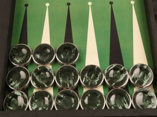 Chrome Rimmed Fingerdish Backgammon Checkers - Dark Green - ArtGammon