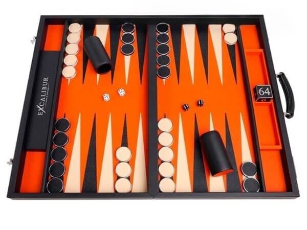Excalibur Leather Backgammon Set - EXC03 - Black Case with Tangerine Field