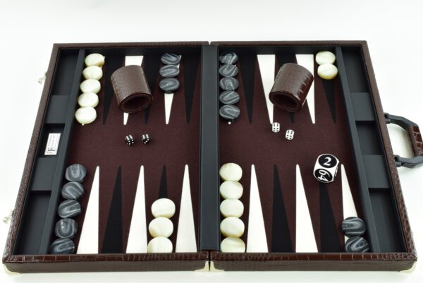 "Chocolate Crocodile" - Special Edition Brown-Black-White FTH Tournament Size Backgammon Board. 45mm Checkers