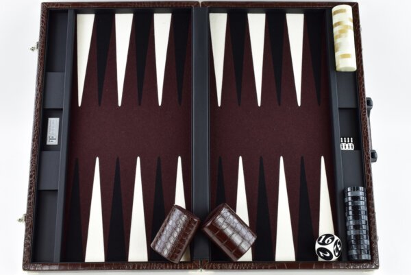 "Chocolate Crocodile" - Special Edition Brown-Black-White FTH Tournament Size Backgammon Board. 45mm Checkers - Image 4