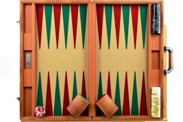 . "Embossed Leather With Alligator Pattern" - Special Edition Sand-Green-Red FTH Tournament Size Backgammon Board. 45mm Checkers - Image 4