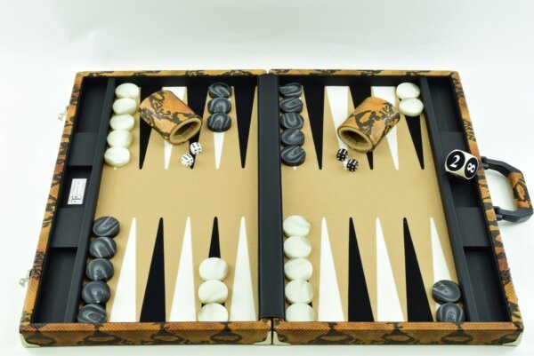 "Embossed Leather With Python Pattern" - Special Edition Sand-Black-White FTH Tournament Size Backgammon Board. 45mm Checkers