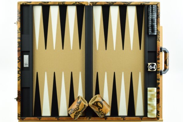 "Embossed Leather With Python Pattern" - Special Edition Sand-Black-White FTH Tournament Size Backgammon Board. 45mm Checkers - Image 4