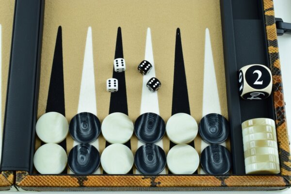 "Embossed Leather With Python Pattern" - Special Edition Sand-Black-White FTH Tournament Size Backgammon Board. 45mm Checkers - Image 3