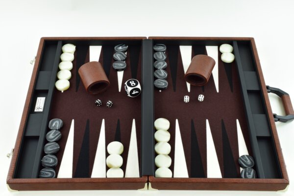 "Mocha Alligator" - Special Edition Brown-Black-White FTH Tournament Size Backgammon Board. 45mm Checkers