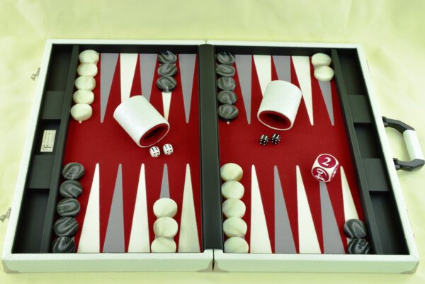 "Mother of Pearl Ostrich" - Special Edition Red-Gray-White FTH Tournament Size Backgammon Board. 45mm Checkers