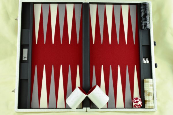 "Mother of Pearl Ostrich" - Special Edition Red-Gray-White FTH Tournament Size Backgammon Board. 45mm Checkers - Image 4