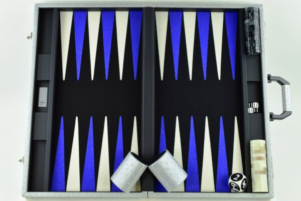"Silver Ostrich" - Special Edition Black-Blue-White FTH Tournament Size Backgammon Board - Image 3
