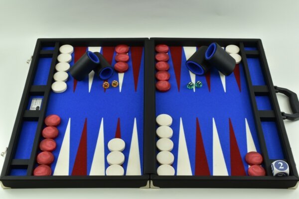 Titan Series Blue-Red-White Backgammon Set. 50mm (2") Red & White Checkers