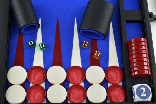Titan Series Blue-Red-White Backgammon Set. 50mm (2") Red & White Checkers - Image 3