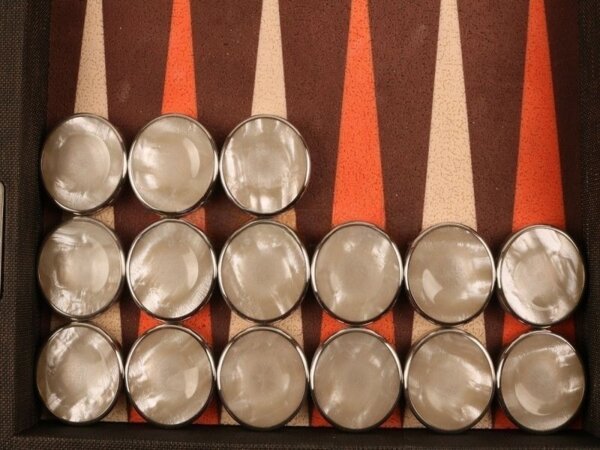 Chrome Rimmed Fingerdish Backgammon Checkers - Pearl - ArtGammon