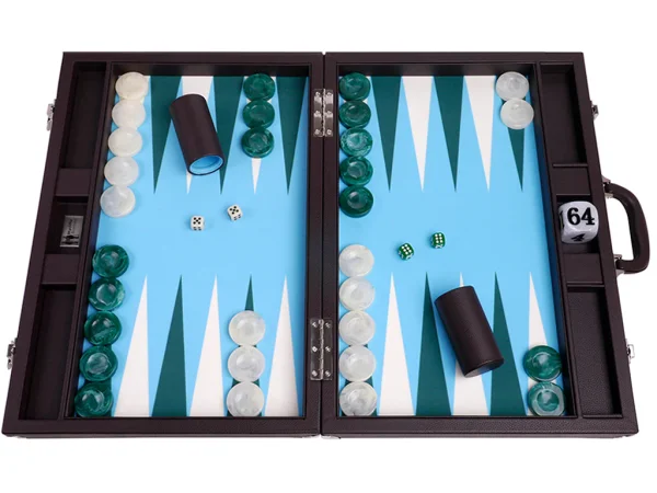 Wycliffe Brothers® 21-inch Tournament Backgammon Set - Brown Case with Light Blue Field - Masters Edition