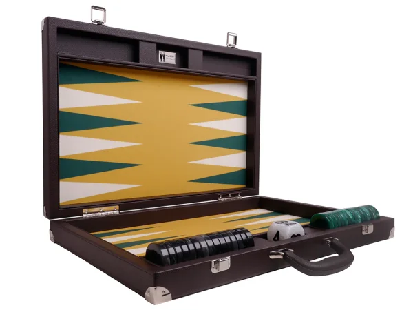 Wycliffe Brothers® 21-inch Tournament Backgammon Set - Brown Case with Mustard Field - Masters Edition - Image 2
