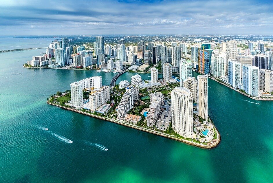 Aerial View from a Helicopter of Miami Downtown,
Brickell Key
South Miami Beach, 
Miami Dade,
Florida
North America,
USA