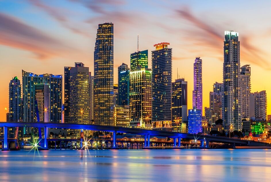 Famous cIty of Miami, Florida, summer sunset, USA