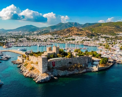 Aerial view of Bodrum in Mugla Province, Turkey.