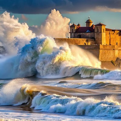 Large waves crashing into a fortress near Carcavelos beach in Portugal, powerful, ocean, sea, water, dramatic, waves