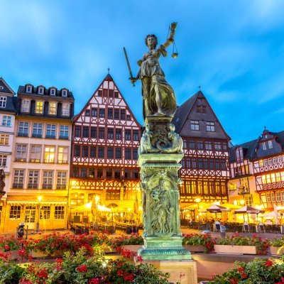 old town square romerberg with Justitia statue in Frankfurt Germany