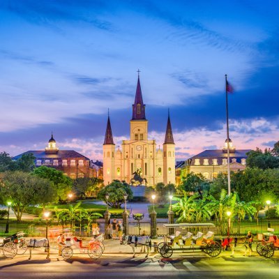 New Orleans, Louisiana, USA at St. Louis Cathedral and Jackson Square.