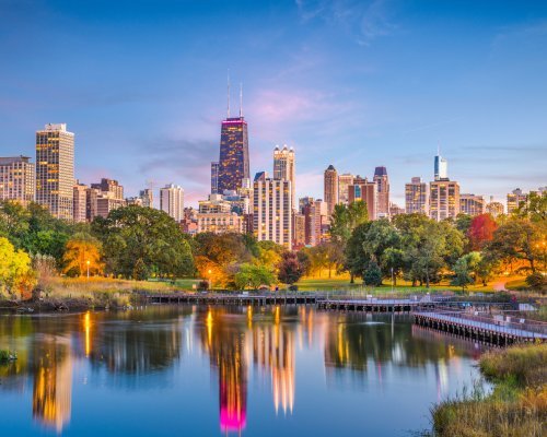 Chicago, Illinois, USA downtown skyline from Lincoln Park at twilight.
