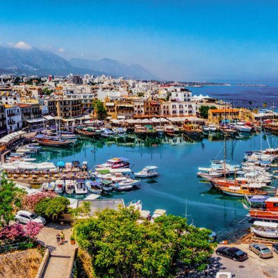 Kyrenia marina in Cyprus, as seen from the overlooking hill