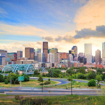 Panorama of Denver skyline long exposure at twilight.