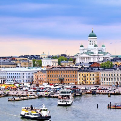 Helsinki cityscape with Helsinki Cathedral, South Harbor and Market Square Kauppatori , Finland