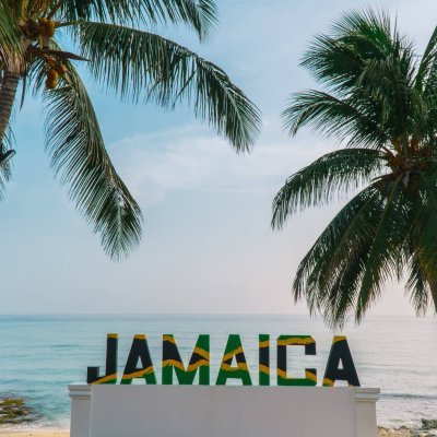 Jamaica sign. Jamaican flag with palm trees. Tropical palm tree
