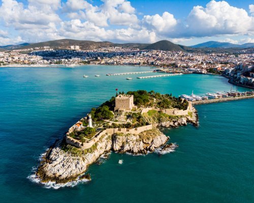 Pigeon Island with. Kusadasi harbor. Aegean coast of Turkey. High quality photo