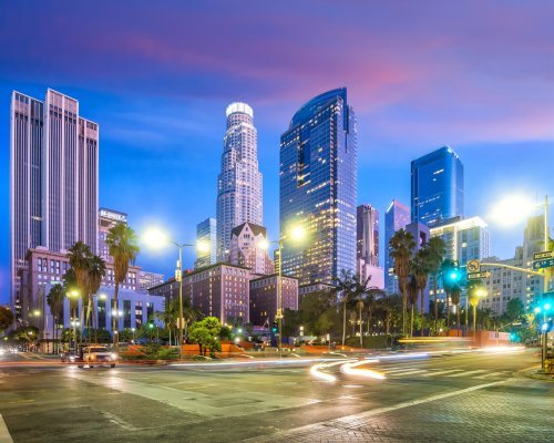 Beautiful sunset of Los Angeles downtown skyline in CA, USA