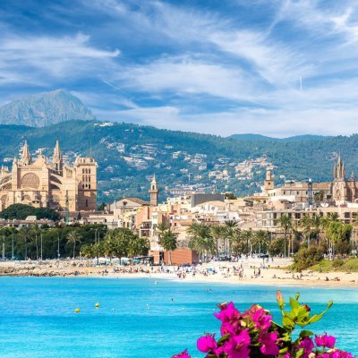 Landscape with beach and Palma de Mallorca town, Spain