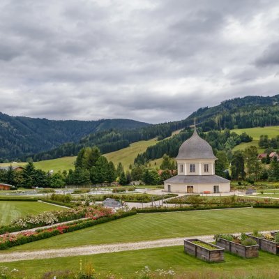 St. Lambrecht's Abbey is a Benedictine monastery in Styria, Austria.  Monastery garden with a garden pavilion
