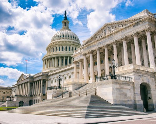 Bright mid-day view of the traditional neoclassical architecture