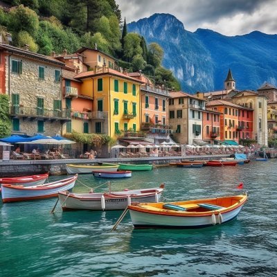 Varenna Town, Lake Como Shores, Colorful Facades, Cobblestone Streets, Boats, Generative AI