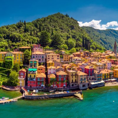 Aerial view of Varena old town on Lake Como with the mountains in the background, Italy, Europe.