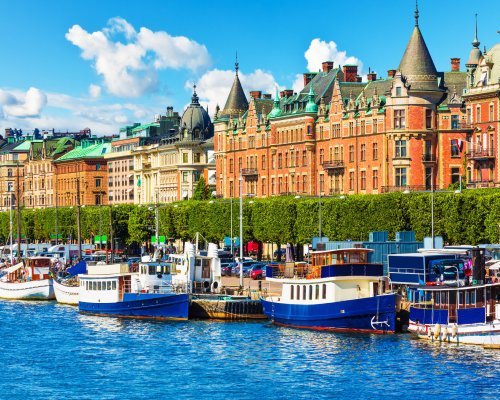 Scenic summer panorama of the Old Town (Gamla Stan) pier architecture in Stockholm, Sweden
