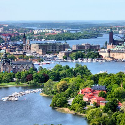 Stockholm, Sweden. Aerial view of famous Gamla Stan (the Old Town) and other islands, canals, landmarks.